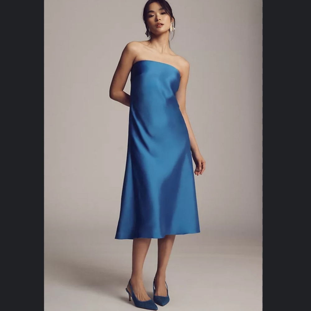 Anthropologie BHLDN Isla Strapless Stretch Satin Column Midi Dress Medium Blue
